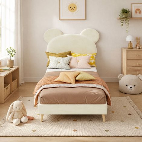 Letto singolo per bambini 90x200 cm beige, testiera imbottita, tessuto e metallo MEUBLIV (1/5)