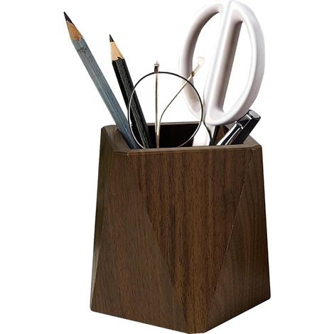 Portalápices de madera de nogal para material de oficina (romboidal)  Elegante portalápices de escritorio, portalápices de madera, organizador de lápices para la escuela y brochas de maquillaje. (1/5)