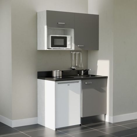 Kitchenette K07L - 120 cm - plan monobloc évier intégré Nero- évier à droite - Façades Gris + Electroménager inclus coloris Blanc