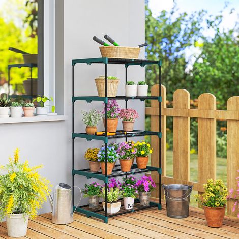 5-Etagen Pflanzenständer, 138 cm hoch Blumenständer für Innen Außen, Pflanzenregal aus Stahl Dunkelgrün