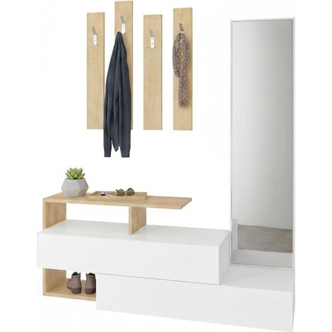 Dmora - Eingangsmöbel Dmartne, Moderner Eingang, Wandgarderobe, Multifunktions-Aufbewahrungskonsole, 137x35h55 cm, Weiß und Eiche
