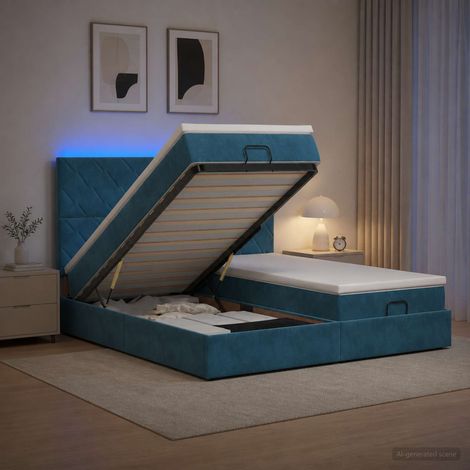 vidaXL Lit coffre avec matelas et LED Bleu foncé 200 x 200 cm Velours (1/5)