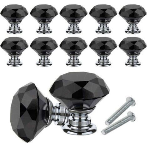 Bouton de Meuble Cristal, 10Pcs Poignées de Bouton en Cristal de Diamant, 30mm Bouton de Porte Meuble Tiroir Placard avec Vis pour Accueil Bureau, Commode, Cuisine et plus (Noir)