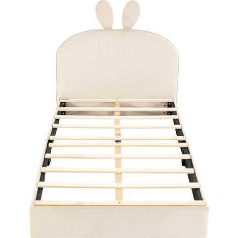 Cama Infantil 90 x 200 cm de Terciopelo con Cabecero de Conejo, Somier de Lamas de Madera, sin Colchón, Beige (1/5)