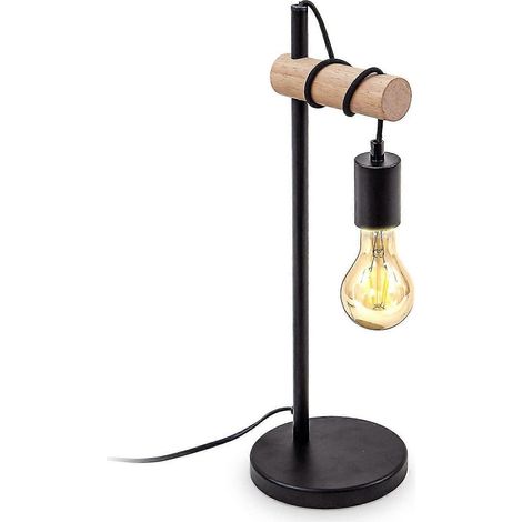 Lampe de table, design industriel rétro, bois et métal, éclairage salon et chambre, lampe de chevet, douille E27, pour ampoule LED 10 W max, noire (1/5)