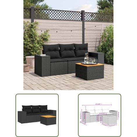 The Living Store Salon de jardin 4 pcs avec coussins noir résine tressée - Salon De Jardin - Meuble Extérieur - Set Salon - Résine Tressée - Rotin Synthétique (1/3)