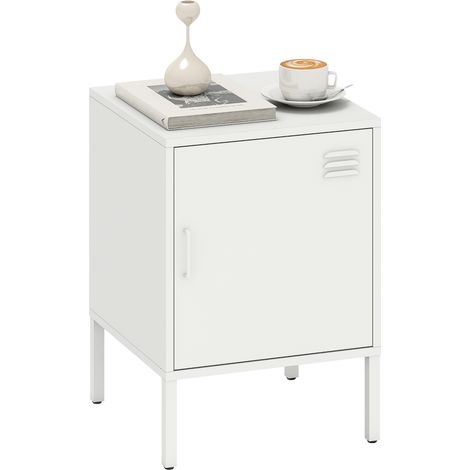 Table de chevet en acier, table d'appoint multifonctionnelle, étagère réglable, chambre, blanche (1/5)