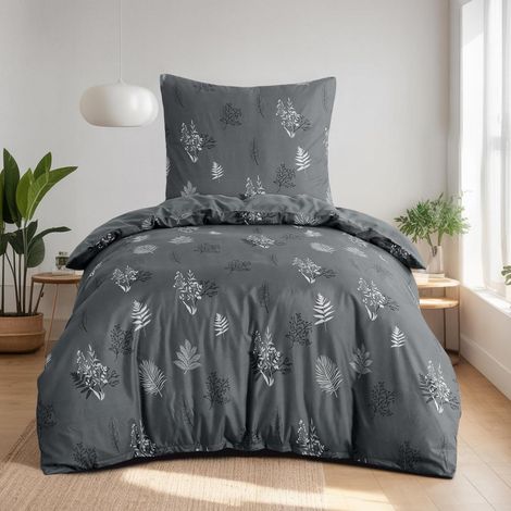 Bettwäsche 155x220 2-teilig Mikrofaser mit Blumenmuster Grau, ÖKO-TEX, Reißverschluss