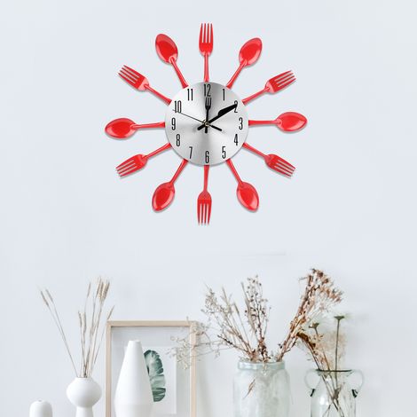 Couteau fourchette cuillère horloge murale acier inoxydable rouge déco cuisine, pendule artistique métal 12 pouces (1/5)