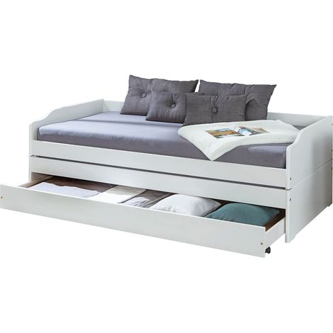 Altobuy – Lit gigogne 3 couchages 90x200cm en bois massif vernis blanc – 2 sommiers à lattes inclus – Tiroir de rangement sur roulettes – Épaisseur matelas max 12cm