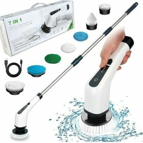 – Brosse de nettoyage électrique sans fil – 7 têtes interchangeables – Poignée réglable 25-140 cm – Nettoyage salle de bain, cuisine, voiture (1/5)
