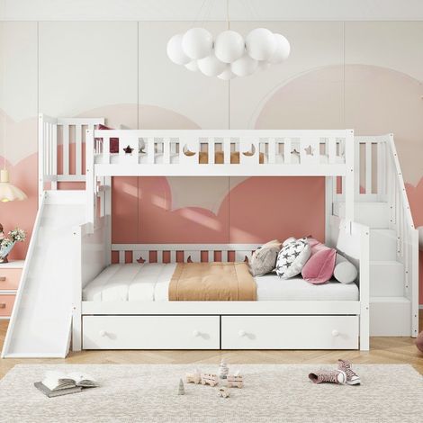 Lit Superposé Enfant 90x200/140x200 cm avec Toboggan, Étagères et Tiroirs - Bois Massif Blanc