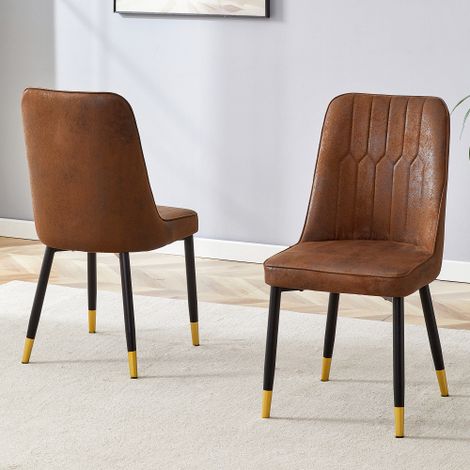 Set di 2 sedie da pranzo: sedie moderne marroni con schienale in tessuto tecnico e gambe in metallo nero, adatte a diversi ambienti come sala da pranzo, cucina e camera da letto.