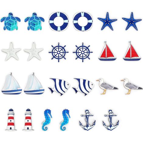 Lntyq Lot de 24 pendentifs maritimes, décoration nautique, kit de décoration maritime, étoile de mer, bateau, ancre, phare, poisson, cocotier pour mini filet de pêche, décorations murales