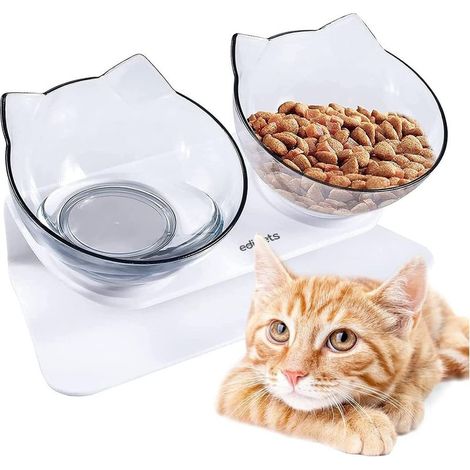Comedero para gatos, transparente, doble y ajustable, con soporte elevado, para agua y comida, previene lesiones en el cuello (transparente). (1/5)