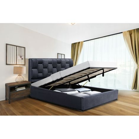 4ft6 Plush Velvet Ottoman Bedframe with Weaved Headbord in Blue