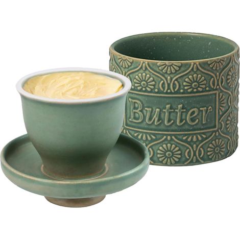Beurrier Français en Céramique avec Refroidissement à l’Eau, Pot à Beurre en Porcelaine pour Beurre Frais et Tartinable (Vert, 6.7oz) (1/5)