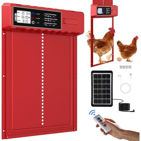 Porte Automatique Poulailler Solaire Grande Taille 27.5x36cm avec Télécommande&USB-C Cable,Porte Poulailler Rouge en Aluminium Étanche,3 Modes,Affichage LED,Sécurité Anti-Pincement,Minuterie