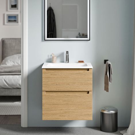 BERNSTEIN - Mobile lavabo sospeso MDF rovere miele, lavello Ghisa bianco opaco + foro rubinetto, cassetti girevoli - 60x46x62cm - VIREO	Rovere Miele Oro, Bianco opaco con foro rubinetto