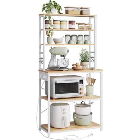 Étagère de Cuisine avec Multiprise, Étagère pour Machine à Café, 6 Étagères, 6 Crochets, pour Four à Micro-Ondes, Cadre en Acier, 40 x 80 x 167 cm, Chêne Doré et Blanc Nuage KKS119Y02 (1/5)
