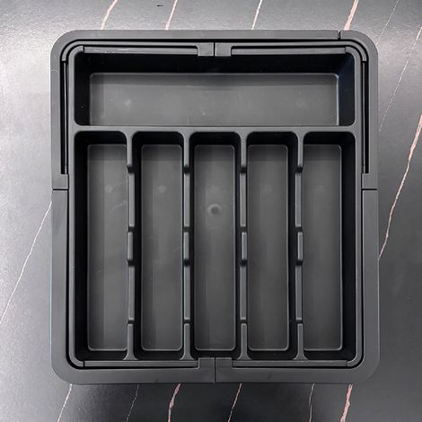 Organizzatore per cassetti nero e argento, vassoio espandibile per utensili da cucina, porta posate e utensili, contenitore regolabile in plastica per cucchiai, forchette e coltelli, nero.
