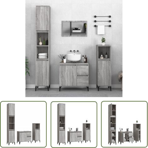 The Living Store 3-tlg. Badmöbel-Set Grau Sonoma Holzwerkstoff - Badmöbel-Set - Holzwerkstoff - Badezimmermöbel - Graue Badezimmermöbel - Waschenbeckenschrank (1/5)
