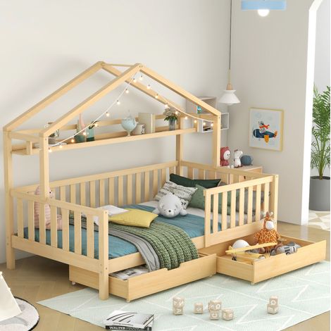MEUBLIV Lit cabane 90x200 cm naturel – avec tiroirs et rangement sans matelas (1/5)