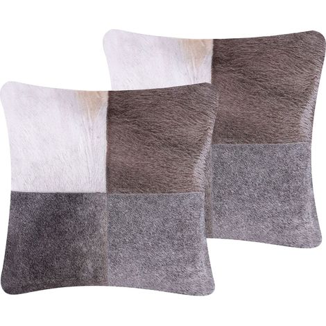 Dekokissen 2er Set NELLAD Echtleder 45 x 45 cm Grau Patchwork (1/5)