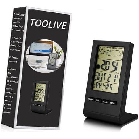 Station météo sans Fil, Thermomètre Hygromètre Baromètre Intérieur Extérieur, Horloge Numérique Réveil avec capteur extérieur Affichage Heure Date Jour Phase de Lune(Noir) (1/3)