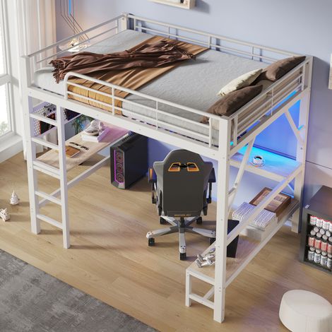 Lit mezzanine 160x200 cm métal et MDF blanc, bureau LED, gain de place, sans matelas – MEUBLIV (1/5)