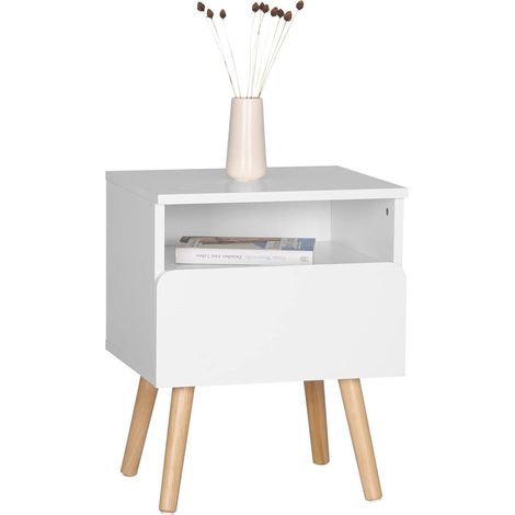 WOLTU Mesita de Noche Mesa de Centro con Cajón y Organizador Abierto con Patas de Madera Mesa para Cama Café Dormitorio Blanco 40x33.5x50cm (1/5)