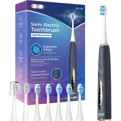 brosse à dent électrique sonique, brosse a dent electrique rechargeable, capteur de pression, minuteur de 2 min intégré 5 modes avec 8 têtes, brosse à dent voyage (Bleu) (1/5)