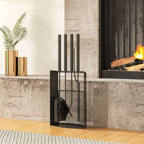 Juego de herramientas metálicas para chimenea de 5 piezas con cepillo, pala, atizador, pinzas y soporte, 28x13x59,5 cm, negro (1/5)