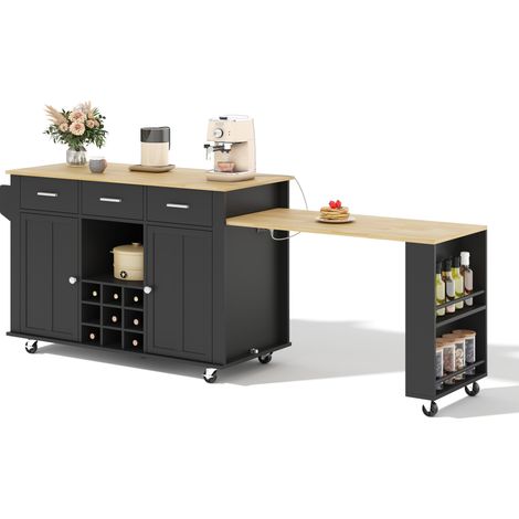 Isla de cocina móvil extensible en MDF negro y efecto madera 136-223 x 50 x 93 cm MODENUIT (1/5)