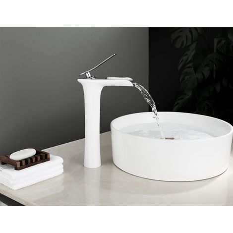 Hochsitzende Waschtischarmatur, Wasserfall-Waschtischarmatur, polierte Chrom-/weiße Badarmatur für Waschbecken und Badewanne, Einhebel-Warm- und Kaltwasserarmatur (1/5)
