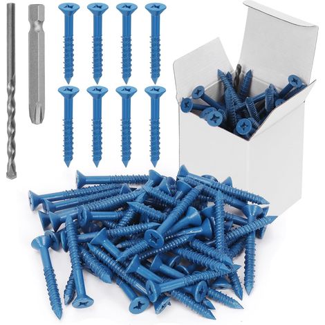 Lot de 52 chevilles à béton à tête plate de 6,35 mm x 8,9 cm avec embouts de tournevis et forets assortis, vis à béton autotaraudeuses pour ancrage à blocs de (1/4"×2-1/4") (1/5)