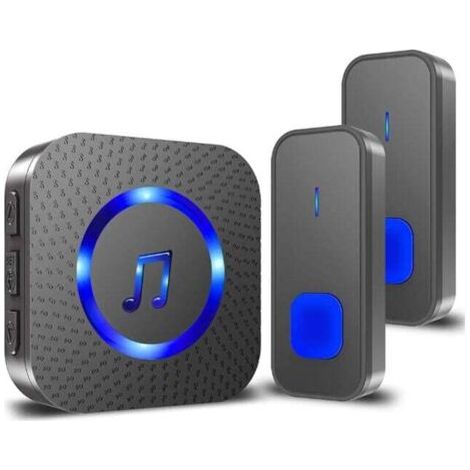 Alovez - Sonnette sans Fil Carillon de Porte Exterieur IP55 Étanche à 400M Deux Bouton Emetteurs avec Un Récepteur Enfichable, Indicateur LED Bleu, 5 Niveaux Volumes et 55 Mélodies, Noir (1/5)