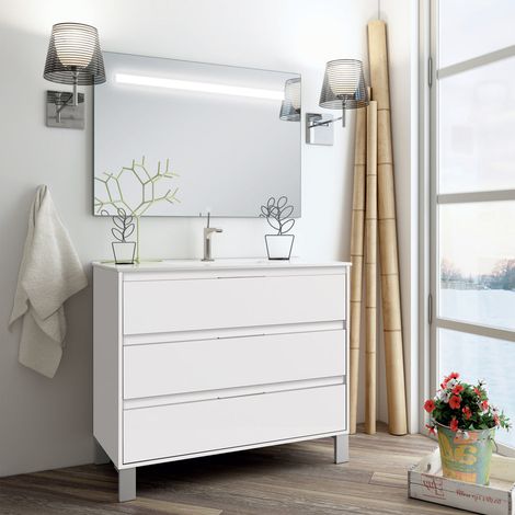 Meuble de salle de bain simple vasque - 3 tiroirs - blanc - IRIS 3C et miroir Led STAM - 80cm (1/5)