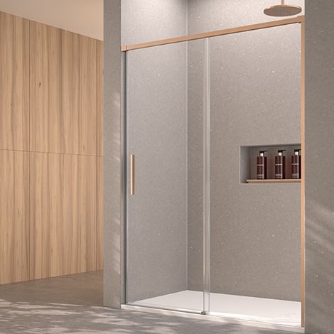Mampara de ducha Fijo y Puerta Corredera 140x195 cm Oro Rosa Cristal templado Antical transparente 6mm (1/5)