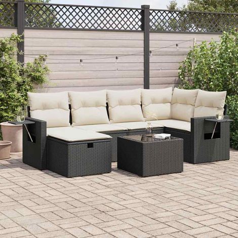 Ensemble salon jardin 7 pièces noir résine tressée avec coussins crème - Table réglable hauteur, meuble extérieur modulaire (1/5)