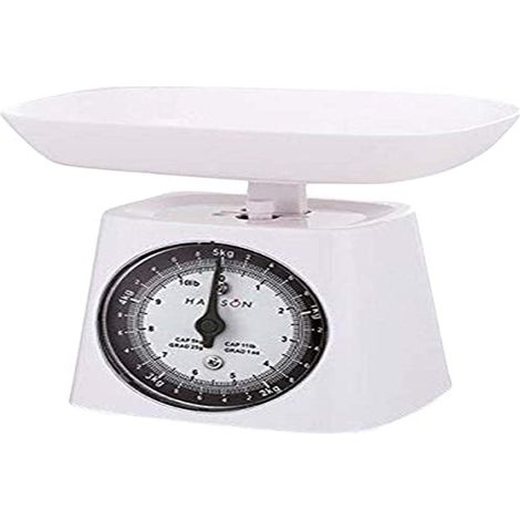 Balance de cuisine mécanique, Sans piles, Capacité 5 kg, graduation 25 g, Bol amovible 0,5L, Tare manuelle, Blanc