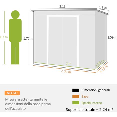 Local de stockage en acier, double porte coulissante, ouvertures de ventilation, toit en pente, 213 x 130 x 172 cm, vert (1/5)