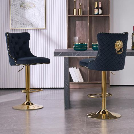 Samt Barhocker 2er Set, höhenverstellbar mit Lehne, drehbar, gold-schwarz (1/5)