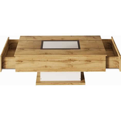 Mesa de centro con luz LED multicolor, tablero de cristal, 2 cajones, blanco y efecto madera (1/5)