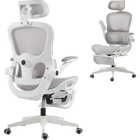 Chaise bureau ergonomique - HOMCOM - support lombaire appui-tête accoudoirs relevables repose-pieds - maille - 62x66x126cm - gris (1/5)