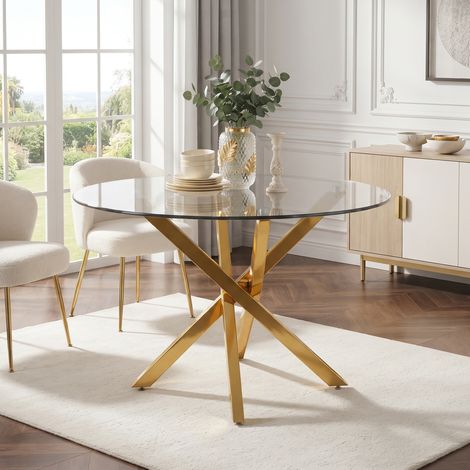 Runder Esstisch 80 x 80 x 75 cm aus gehärtetem Glas mit goldenen Kreuzbeinen HAVRYA (1/5)