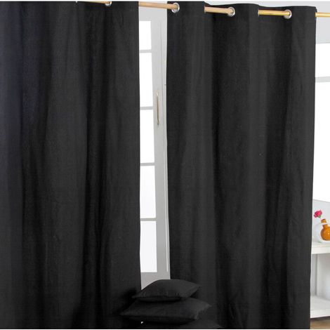 HOMESCAPES Plain Black Cotton Eyelet Curtains 137 x 182 cm