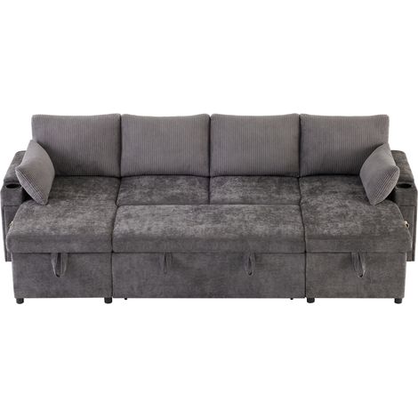 Canapé d’angle convertible U avec rangement, 4 places, accoudoirs avec porte‑gobelets, coussins inclus, gris – Meuble multifonction pour salon et appartement