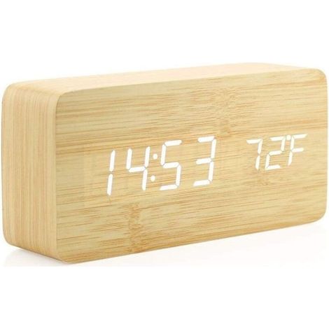 Horloge en Bois Réveil numérique en Bois créatif Réveil LED Multifonctionnel élégant avec Alimentation USB Commande vocale - Bois de Bambou (1/5)