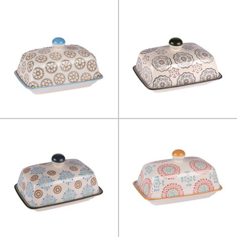 Beurrier Bohème en grès artisanal multicolore – Finition brillante – Compatible lave-vaisselle et micro-onde – Longueur 16.5 cm – Table Passion